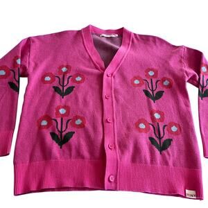TINY COTTONS Intarsia Hot Pink Mako Cotton Knit Cardigan Sweater size 12